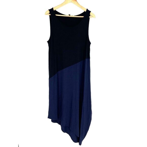 Eileen Fisher Dresses & Skirts - Eileen Fisher Dress Size Large Black Navy Colorblock Sleeveless Midi Jersey Knit